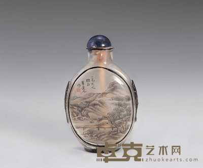 清-民国 蓝套料内画山水人物烟壶 高6.5cm